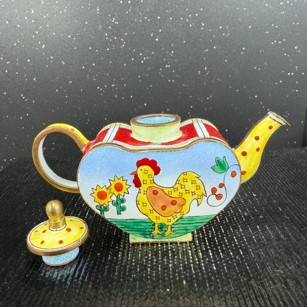 Kelvin Chen 1999 Miniature Rooster Heart Enamel Teapot US 80 CP Hand Painted 3x4